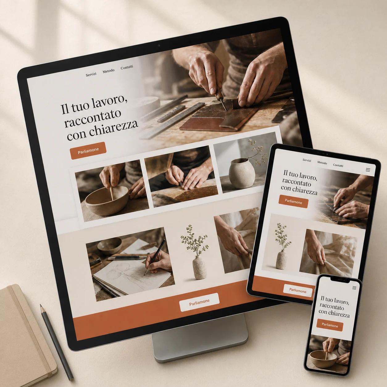 Siti web professionali visualizzati su desktop, tablet e smartphone