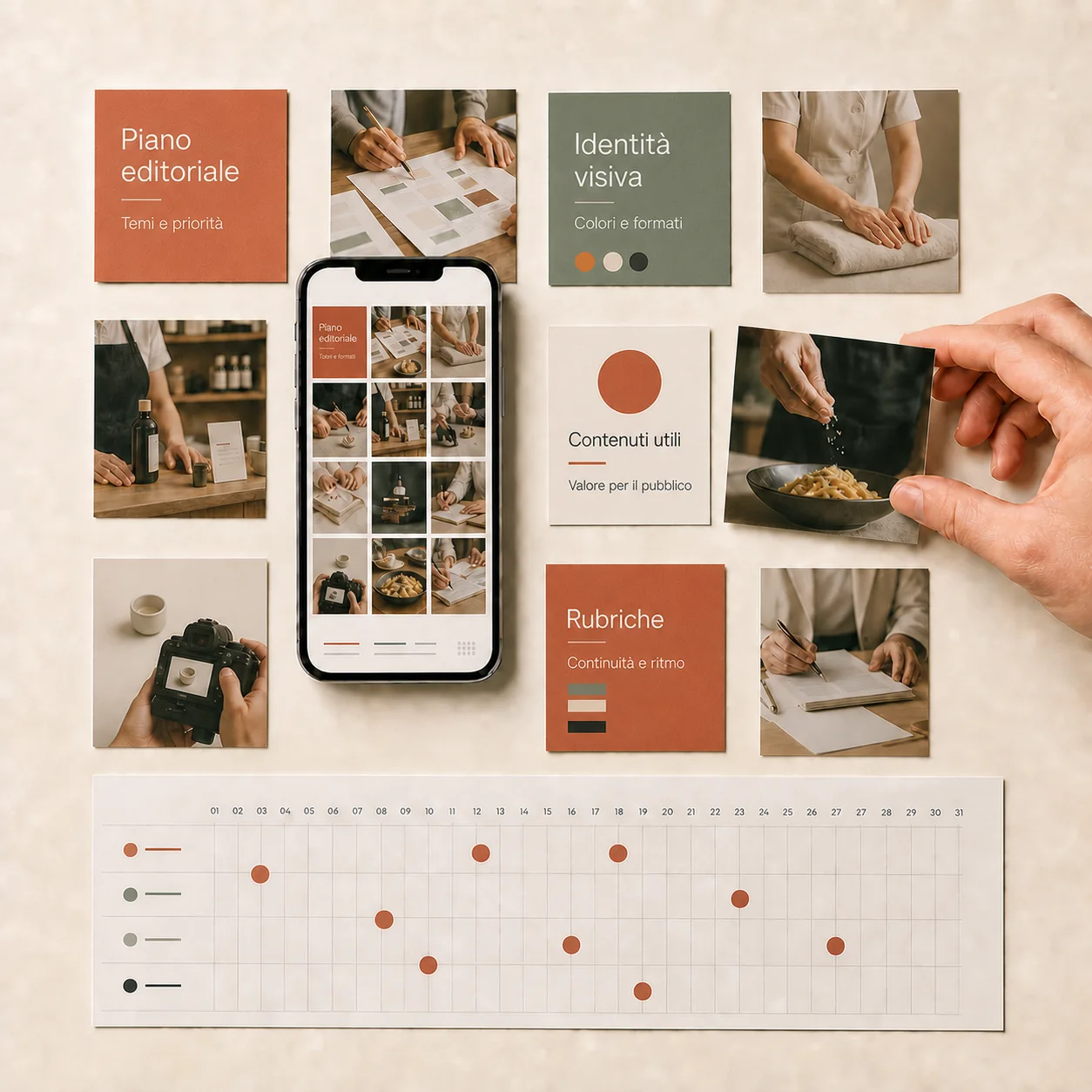 Social media: smartphone con contenuti coordinati e calendario editoriale