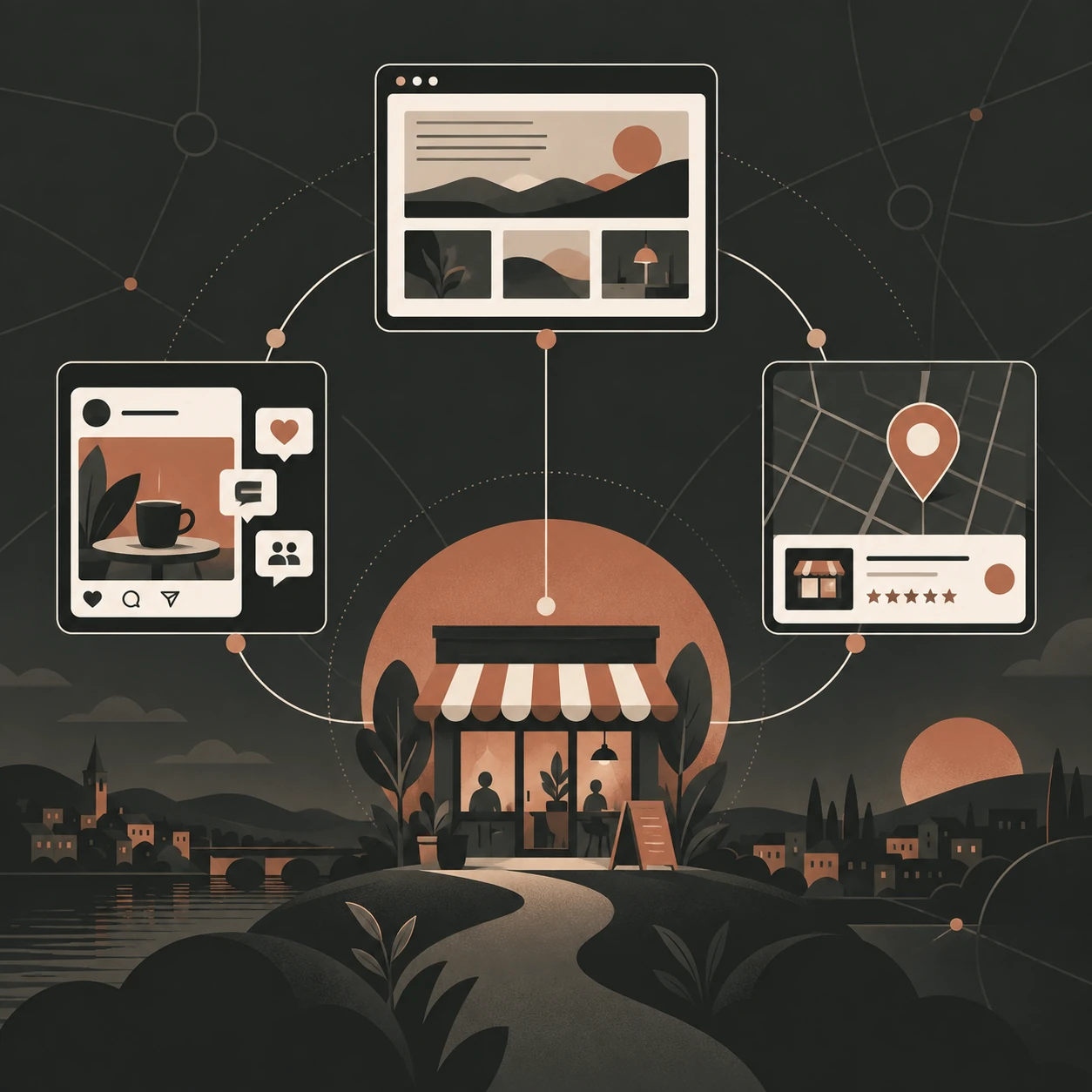 Sito web, social e profilo Google collegati intorno a un’attività locale