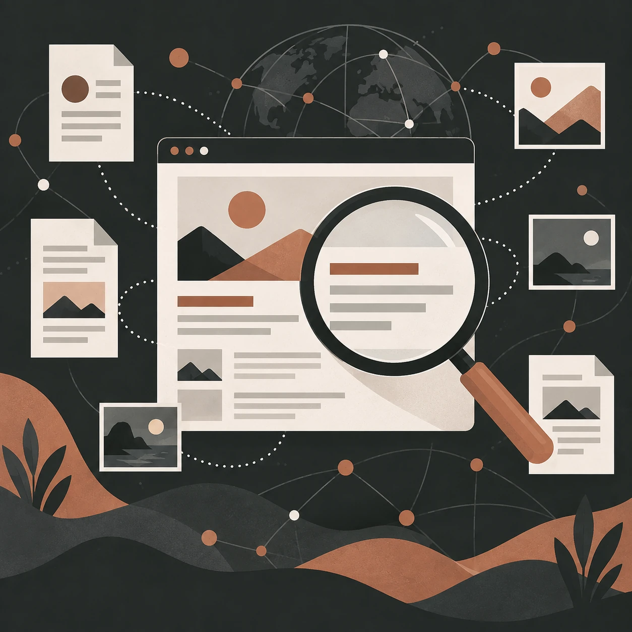 Illustrazione di una pagina web e contenuti collegati, osservati per le ricerche con IA